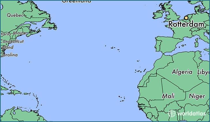 kaart van Rotterdam op de wereld 