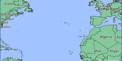 Kaart van Rotterdam op de wereld 